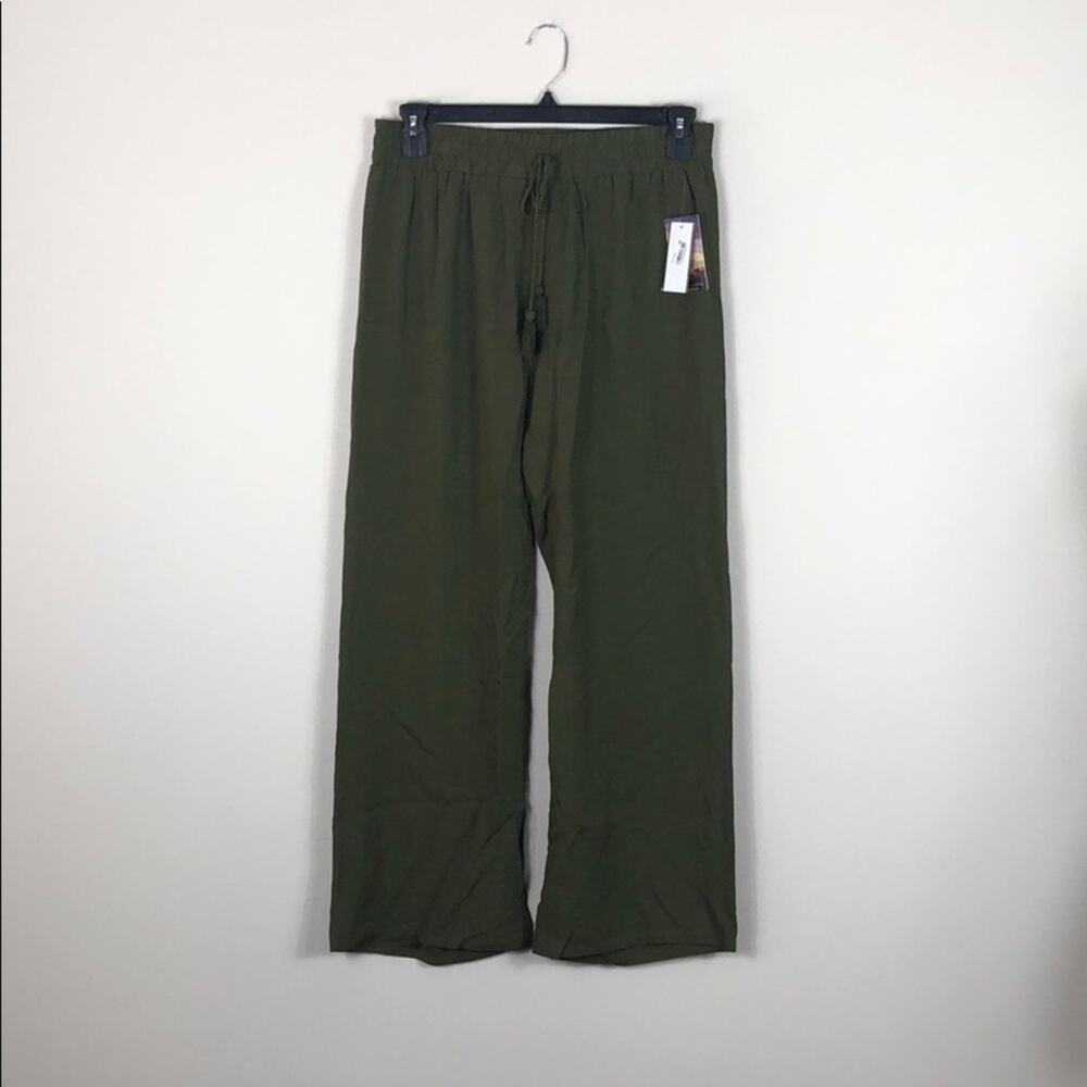 Be Bop Olive Green Palazzo Pants Pull On Wide Leg Rayon Boho Size Large - Picture 6 of 6